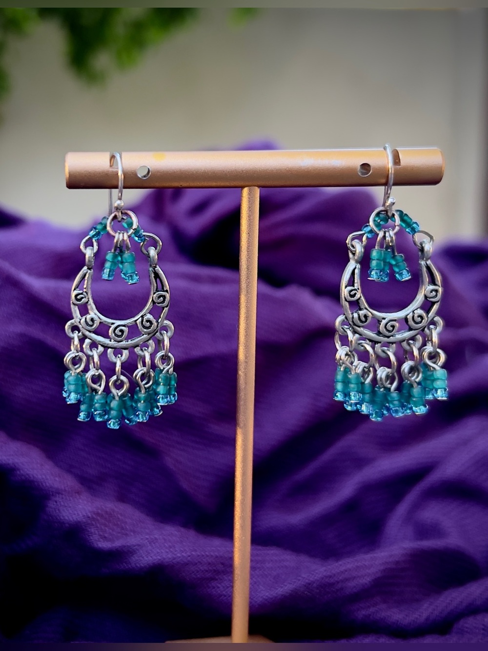 Teal Beaded Silver-Tone Dangle Earrings with Whimsical Swirl Detail